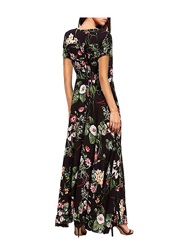 Button Floral Beach Bohemian Maxi Dresses