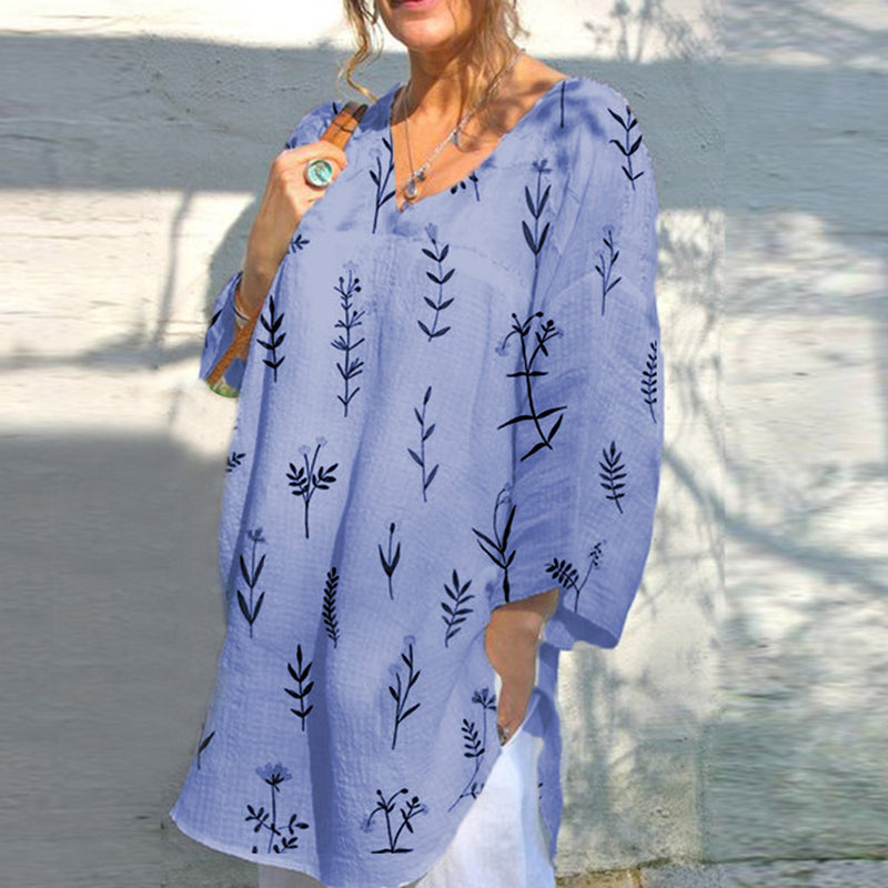 V-neck printed loose blouse