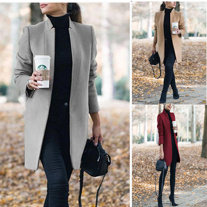 Fashion solid color stand collar woolen coat