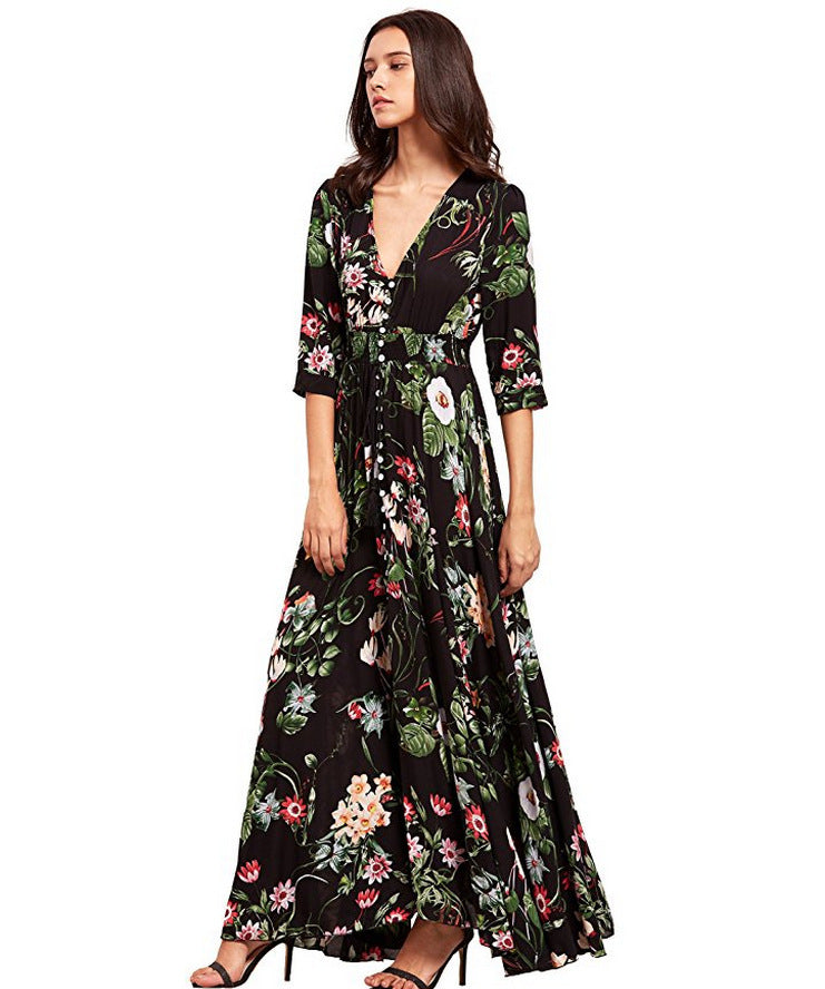 Button Floral Beach Bohemian Maxi Dresses