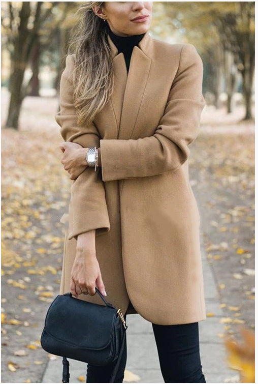 Fashion solid color stand collar woolen coat