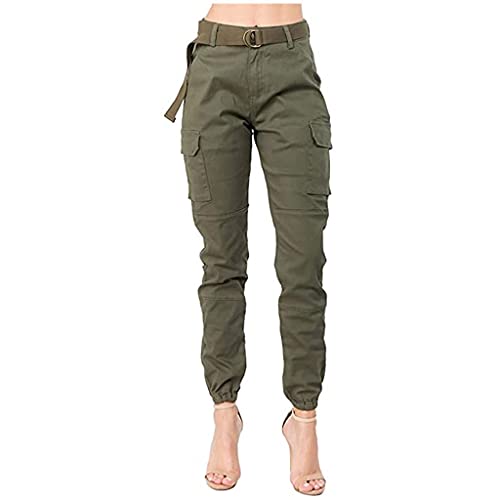 Women's High Waist Slim Fit Jogger Cargo Camouflage Calf Pants with Matching Belt