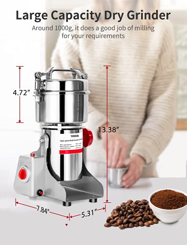 1000g Electric Grain Mill Grinder 2800W Commercial Spice Grinder Powder Machine Stainless Steel High Speed Pulverizer Machine for Kitchen Pepper Coffee Corn