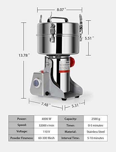 1000g Electric Grain Mill Grinder 2800W Commercial Spice Grinder Powder Machine Stainless Steel High Speed Pulverizer Machine for Kitchen Pepper Coffee Corn