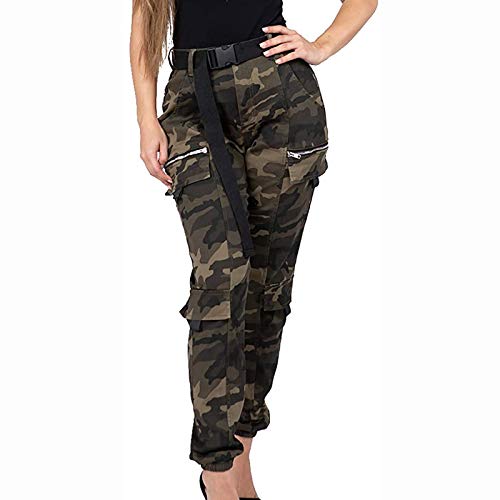 Women's High Waist Slim Fit Jogger Cargo Camouflage Calf Pants with Matching Belt