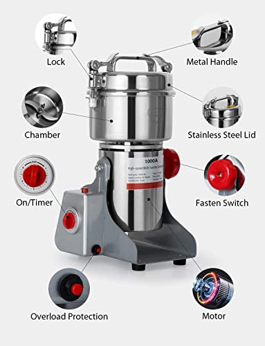 1000g Electric Grain Mill Grinder 2800W Commercial Spice Grinder Powder Machine Stainless Steel High Speed Pulverizer Machine for Kitchen Pepper Coffee Corn