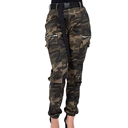 Women's High Waist Slim Fit Jogger Cargo Camouflage Calf Pants with Matching Belt