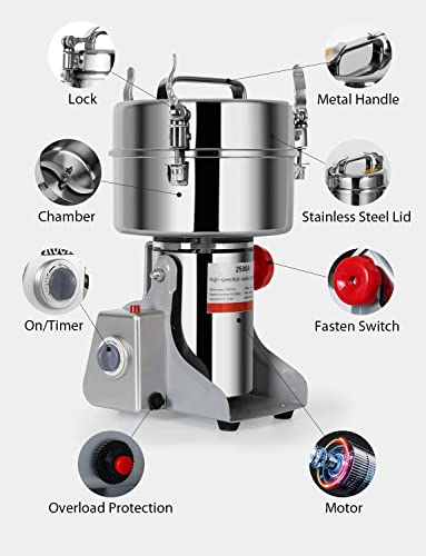1000g Electric Grain Mill Grinder 2800W Commercial Spice Grinder Powder Machine Stainless Steel High Speed Pulverizer Machine for Kitchen Pepper Coffee Corn