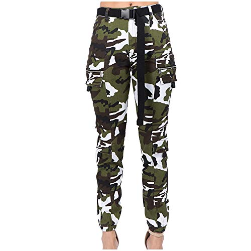 Women's High Waist Slim Fit Jogger Cargo Camouflage Calf Pants with Matching Belt