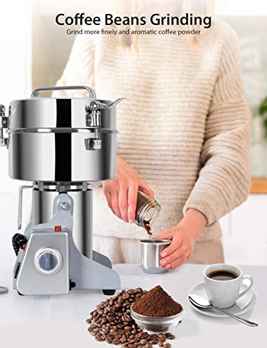 1000g Electric Grain Mill Grinder 2800W Commercial Spice Grinder Powder Machine Stainless Steel High Speed Pulverizer Machine for Kitchen Pepper Coffee Corn