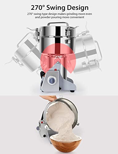 1000g Electric Grain Mill Grinder 2800W Commercial Spice Grinder Powder Machine Stainless Steel High Speed Pulverizer Machine for Kitchen Pepper Coffee Corn