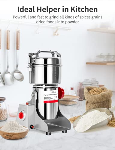 1000g Electric Grain Mill Grinder 2800W Commercial Spice Grinder Powder Machine Stainless Steel High Speed Pulverizer Machine for Kitchen Pepper Coffee Corn