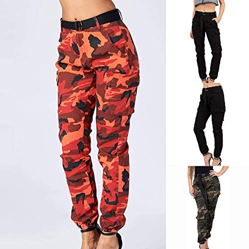 Women's High Waist Slim Fit Jogger Cargo Camouflage Calf Pants with Matching Belt