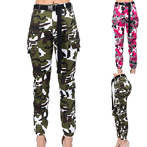 Women's High Waist Slim Fit Jogger Cargo Camouflage Calf Pants with Matching Belt