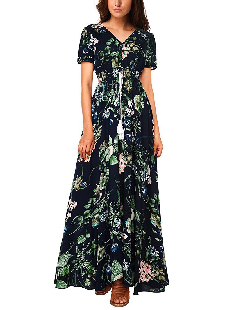 Button Floral Beach Bohemian Maxi Dresses